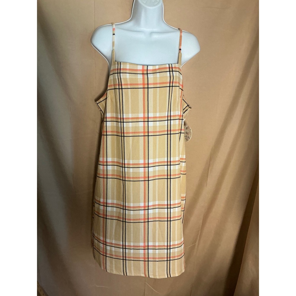 Jolie & Joy Plaid Mini Dress Womens 1X Tan Orange NWT Spaghetti Strap Shift